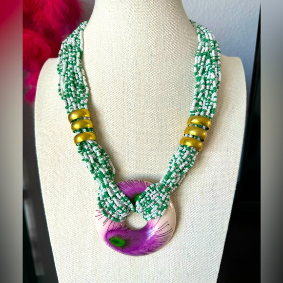 Artisan Nepal Peacock Beaded Necklace - Picture 1 of 8